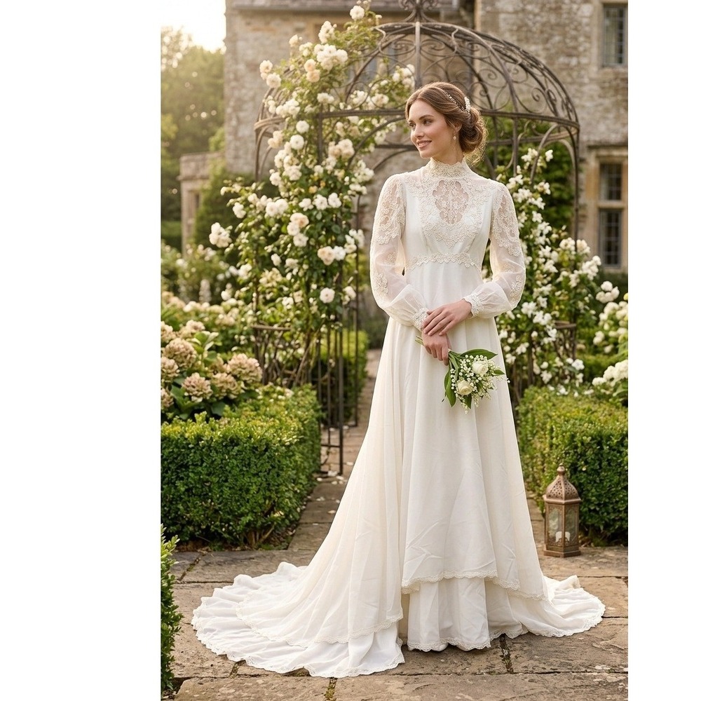 Vintage 70s Victorian Lace Handmade Wedding Dress High Neck Ivory Long Size 8